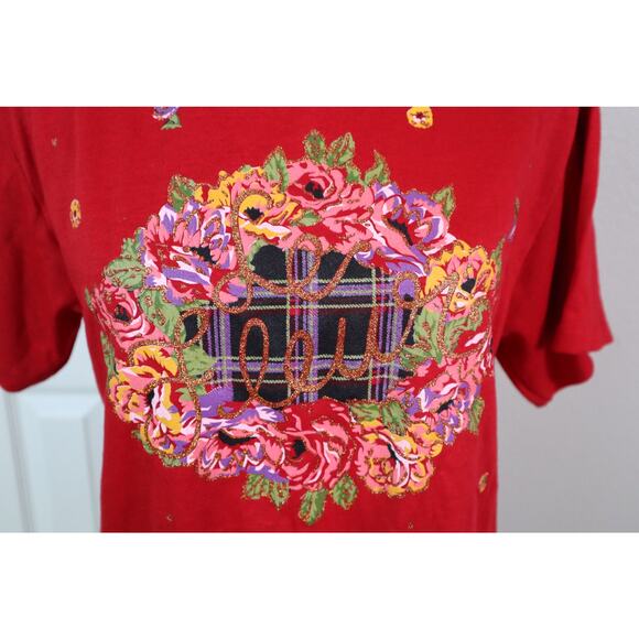 NWT Vintage 80s 90s Red TShirt Floral Glitter Deadstock Bobby Socks Small Medium - Picture 3 of 9